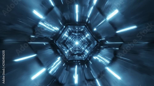 Futuristic blue hexagonal technology tunnel with neon lights.