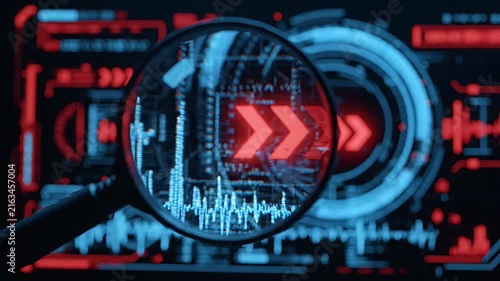 Magnifying glass analyzing digital data interface with neon lights