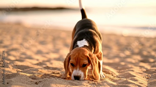 Beagle puppy sniffing sand on a sunny beach.