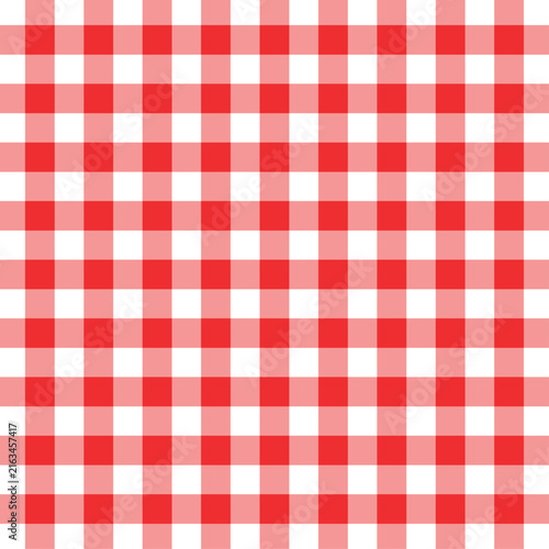 Red and white gingham plaid seamless pattern. Flat geometric retro checkerboard vector background. Classic picnic tablecloth texture for summer fashion apparel, food packaging, wallpaper.