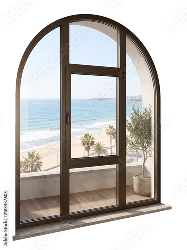 Large Wooden Arched Window with Tropical Beach and Ocean View PNG Isolated on Transparent Background for Interior and Architecture Designs