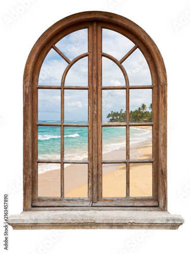 Large Wooden Arched Window with Tropical Beach and Ocean View PNG Isolated on Transparent Background for Interior and Architecture Designs