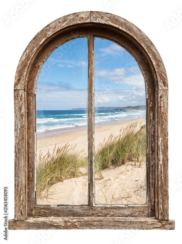 Large Wooden Arched Window with Tropical Beach and Ocean View PNG Isolated on Transparent Background for Interior and Architecture Designs