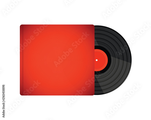 Canvas Print Blank Red Vinyl Record Album Cover Mockup with Black LP Disc Isolated on White B