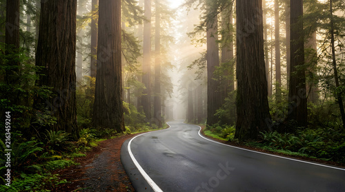Winding asphalt road through a misty redwood forest with tall trees and soft sunlight filtering through the canopy sunlight landscape environment outdoors