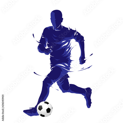 Dynamic blue silhouette of a soccer player running with a ball for sports promotion