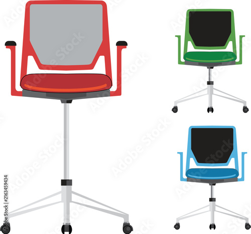 Modern office chairs set in red green and blue colors for professional workspace