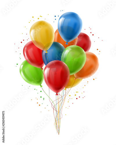 Colorful helium balloons with confetti floating in celebration of party event
