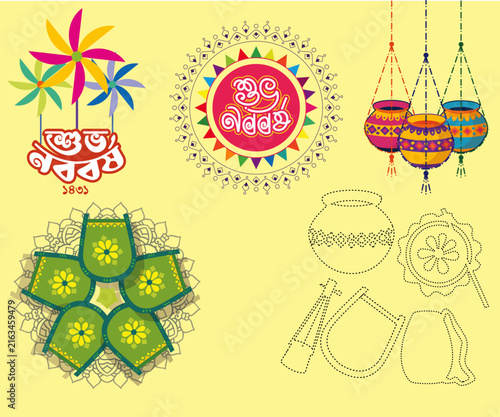 Colorful Indian Diwali festival vector illustrations with lamps and rangoli designs