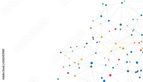 Colorful interconnected dots and lines forming a modern abstract network on white
