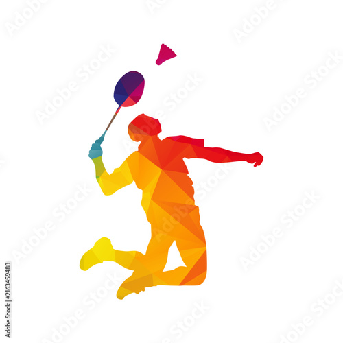 Colorful low poly badminton player hitting shuttlecock in dynamic action jump pose