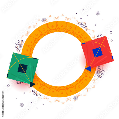 Colorful kites flying around a circular orange ring with decorative patterns and art
