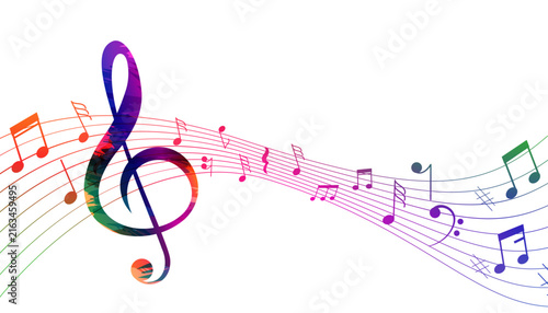 Colorful musical treble clef with flowing rainbow notes on a white background