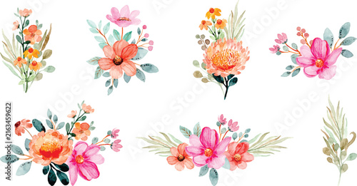 Beautiful watercolor floral bouquet collection with vibrant orange and pink flowers