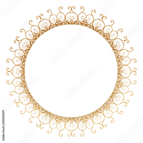 Decorative golden circular frame with ornate floral swirls and blank center space