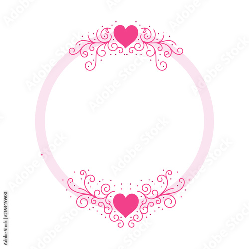 Romantic round frame with pink hearts and floral swirls for wedding stationery