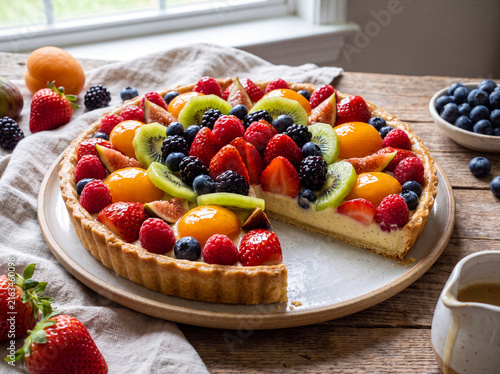 Colorful French fruit tart, glazy fruit, vanilla pastry cream, crispy crust