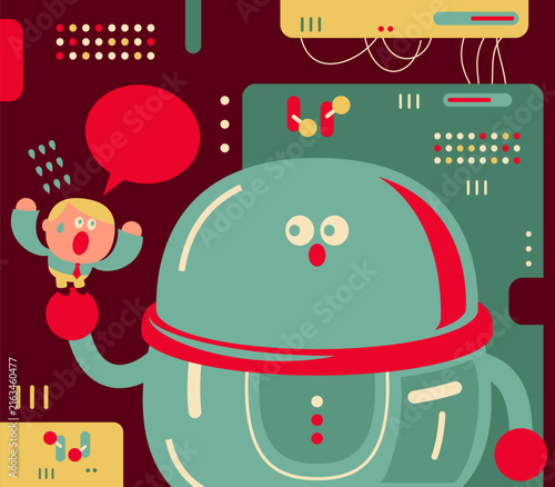 Panicked businessman shouting with a speech bubble while standing on a massive robot finger. For artificial intelligence replacement, fear of automation, and future technology workplace concepts.