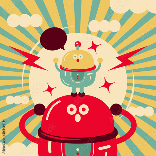 Flat vector illustration of a tiny robot cheering on top of a massive red robot against a sunburst background. For artificial intelligence, technology partnerships, automation, and futuristic concepts
