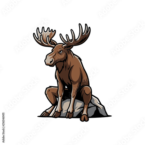 Moose mascot illustration sitting on a rock stone with large antlers, powerful wildlife animal character design vector isolated on white background.