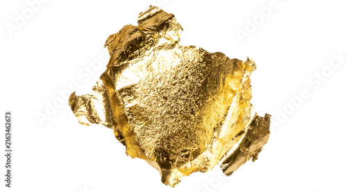 Crushed floating 24k gold leaf flake with crinkled metallic texture for luxury cosmetics branding and elegant editorial design on transparent background