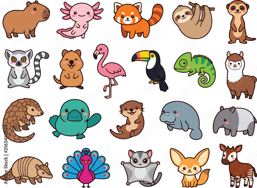 Naklejka premium Cute Kawaii Exotic Wildlife Rare Animals and Birds Vector Sticker Set