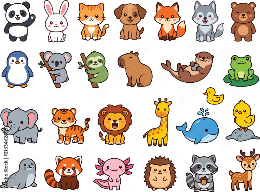 Naklejka premium Cute Kawaii Wild Animals Zoo Safari and Aquatic Wildlife Vector Sticker Set