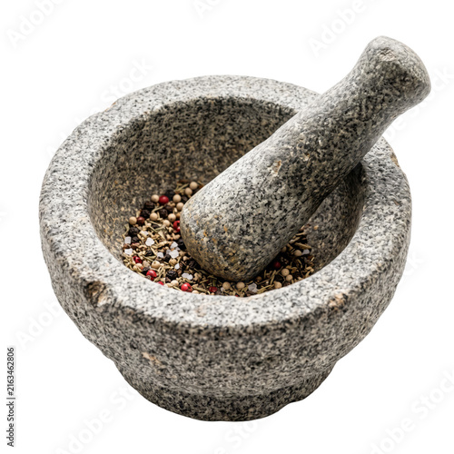 Obraz na plátně Granite mortar and pestle with mixed peppercorns and herbs isolated on transpare