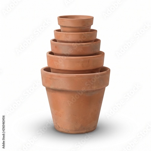 Stacked terracotta flower pots isolated on white background