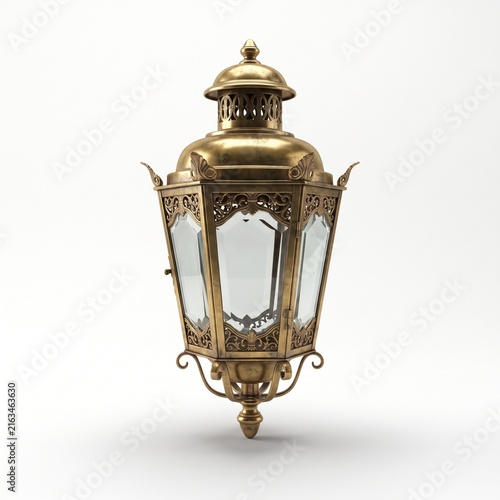 Vintage brass lantern with ornate metalwork and glass panels isolated on white background
