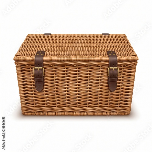 Empty wicker picnic hamper with leather straps isolated on a white background