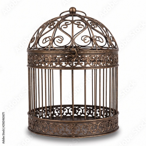 Decorative vintage metal birdcage with ornate filigree design on white background