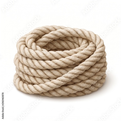 Coiled natural cotton rope isolated on white background for nautical or industrial use