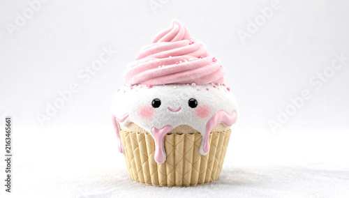 Cupcake de peluche kawaii con crema rosa y ojos tiernos sobre fondo blanco