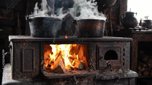 Vintage iron stove with fire and steaming pots.