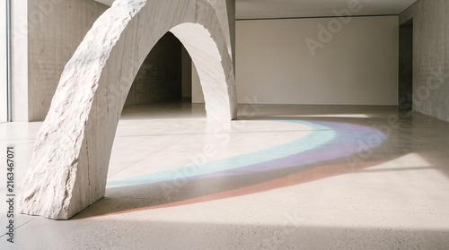 Minimalist architectural interior featuring a rough white stone arch sculpture casting a vibrant rainbow light refraction across a polished concrete floor in a modern gallery space.