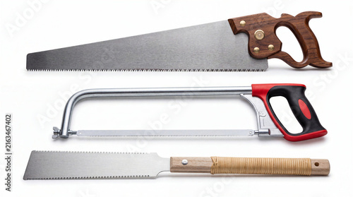 Three different hand saws for woodworking on isolated white background