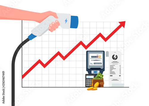 hand holding ev charger handle with increasing electricity cost graph
