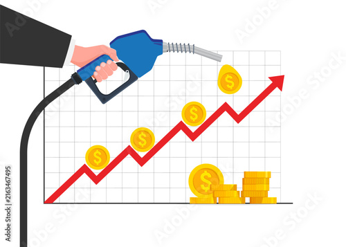hand holding fuel nozzle with rising price arrow chart and gold coins