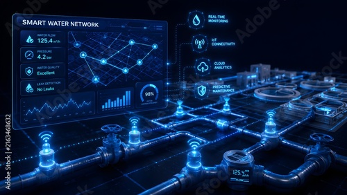 Smart water network interface with glowing connected pipes and valves. Concept of industrial utility monitoring.