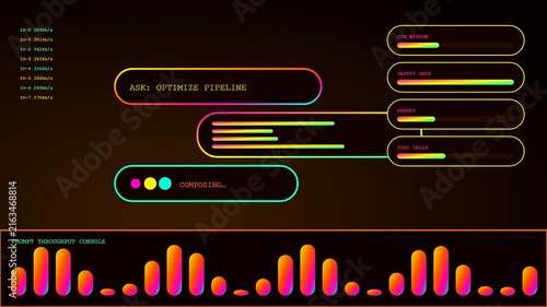 A prompt interface dashboard displays animated loading bars and digital flow metrics across three synchronized panels showing real time computational data processing in dark aesthetic mode