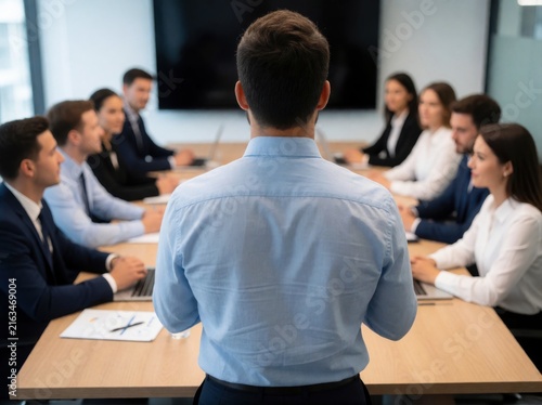A man in a light blue shirt leads a professional business meeting with his team around a table.