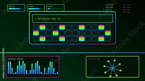 A digital prompt interface displays cascading text sequences and graphical data bars while shifting through iterative processing cycles on a dark glowing gradient screen monitor display
