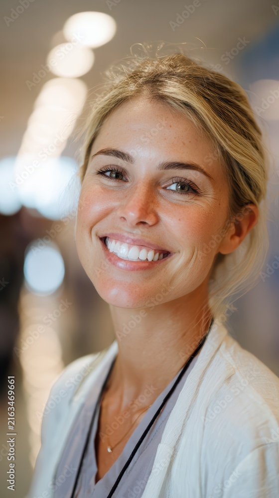Fototapeta premium Portrait of a doctor smiling, professional, white healthy teeth, hospital hallway bokeh