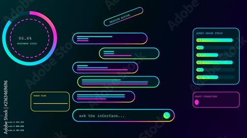 A vibrant prompt interface displays shifting data metrics and luminous circular loading bars on a dark screen within this digital sequence of user experience workflow