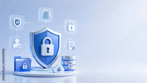 Blue digital security shield surrounded by biometric and data protection icons. Concept of cyber security and cloud network privacy.