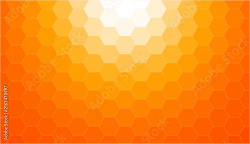 Orange hexagon pattern with radial sunburst effect, honeycomb sunny mosaic vector texture.