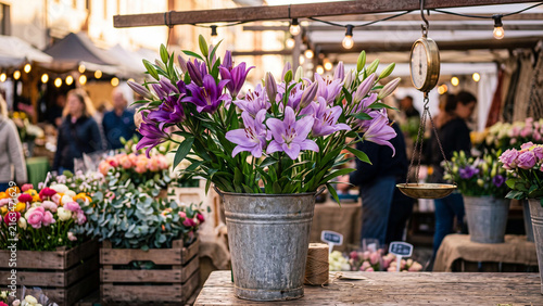 Purple lillies in a metal bucket at a busy outdoor flower market stall