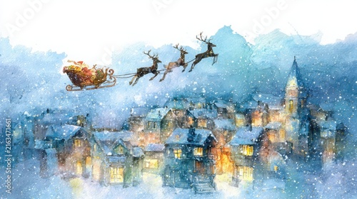 Watercolor illustration depicting reindeer pulling sleigh above snowy village during winter evening