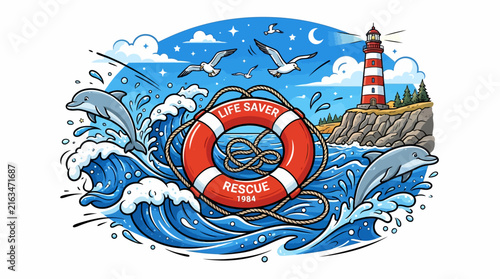 Vibrant Illustration of Life Saver Ring in Ocean.